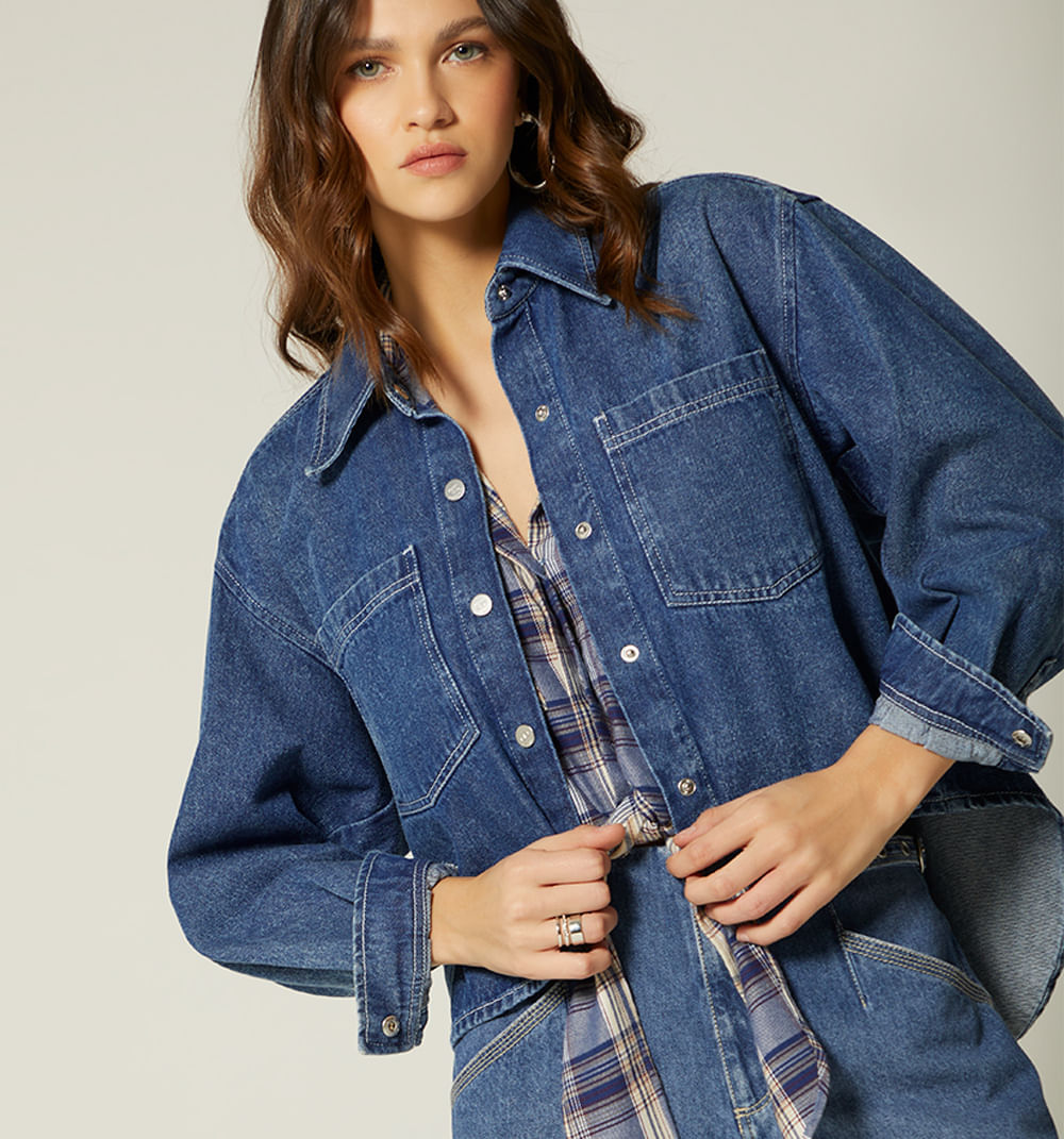 Blusa Camisera Manga Larga Con Bolsillos - Azul