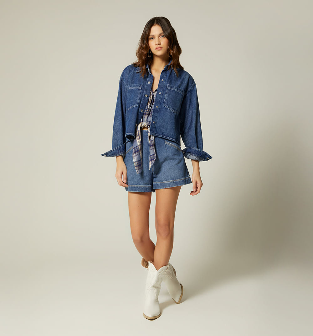 Blusa Camisera Manga Larga Con Bolsillos - Azul