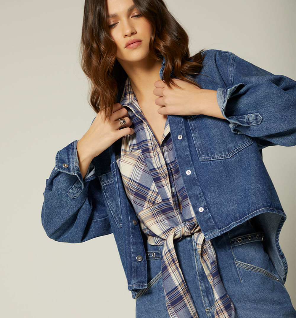 Blusa Camisera Manga Larga Con Bolsillos - Azul