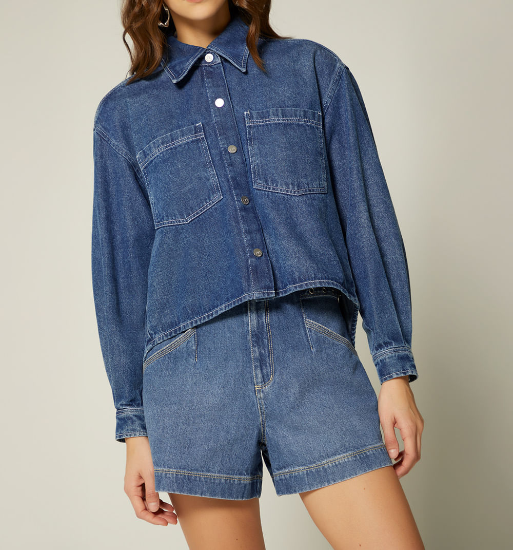 Blusa Camisera Manga Larga Con Bolsillos - Azul