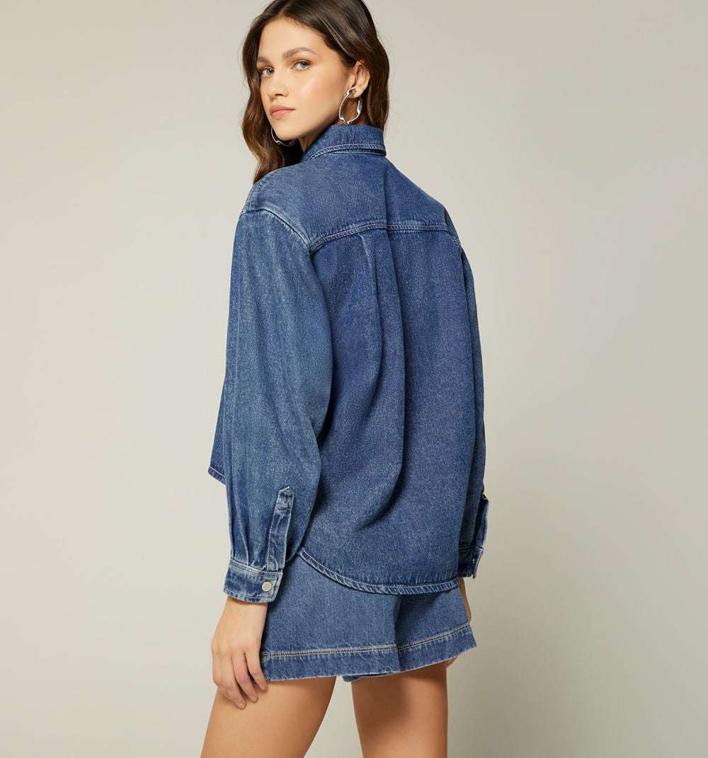 Blusa Camisera Manga Larga Con Bolsillos - Azul
