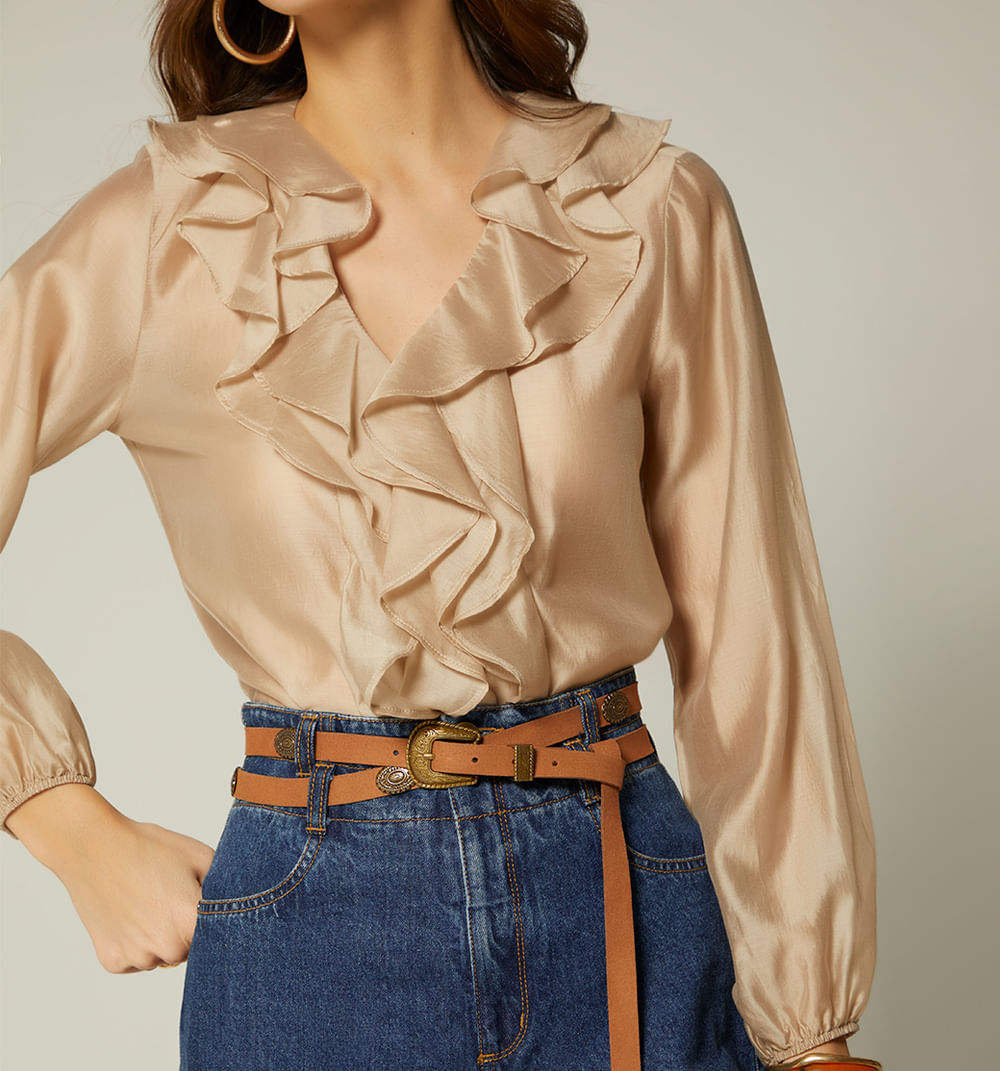 Blusa Manga Larga Gorguera En Escote