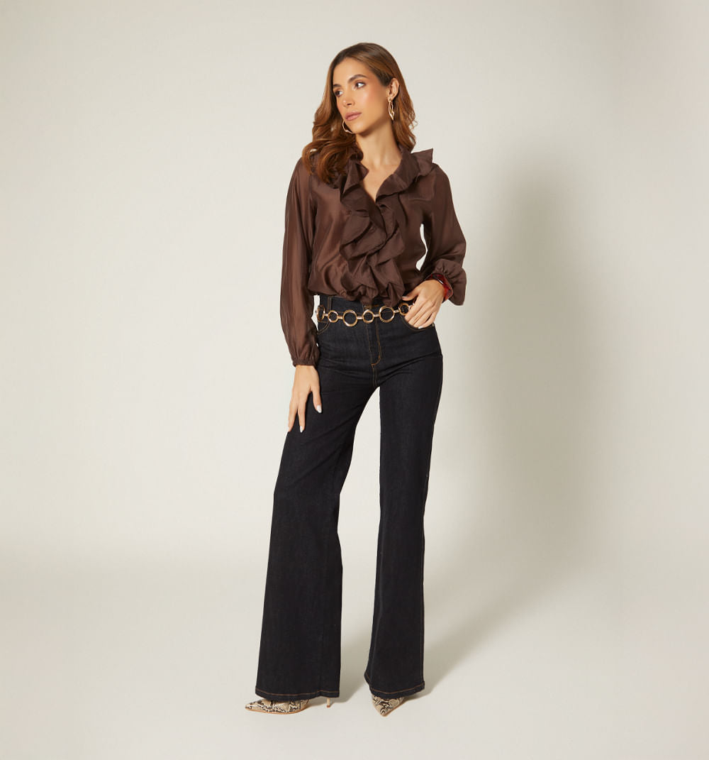 Blusa Manga Larga Gorguera En Escote