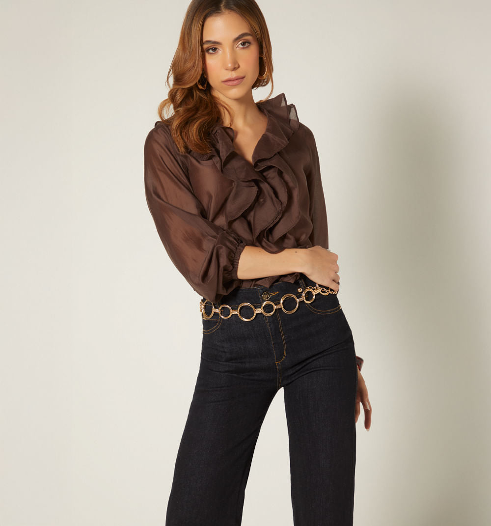 Blusa Manga Larga Gorguera En Escote