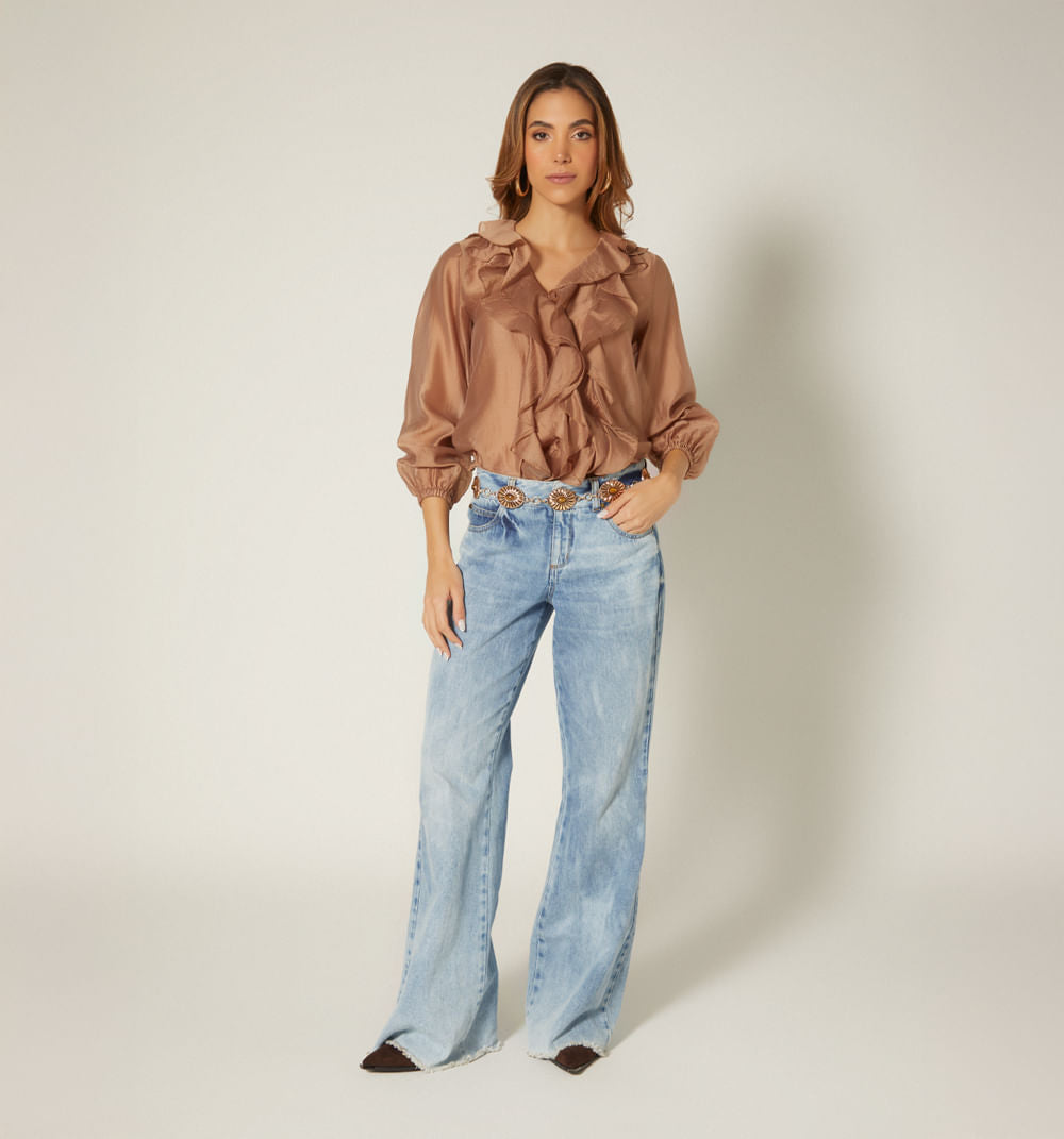 Blusa Manga Larga Gorguera En Escote