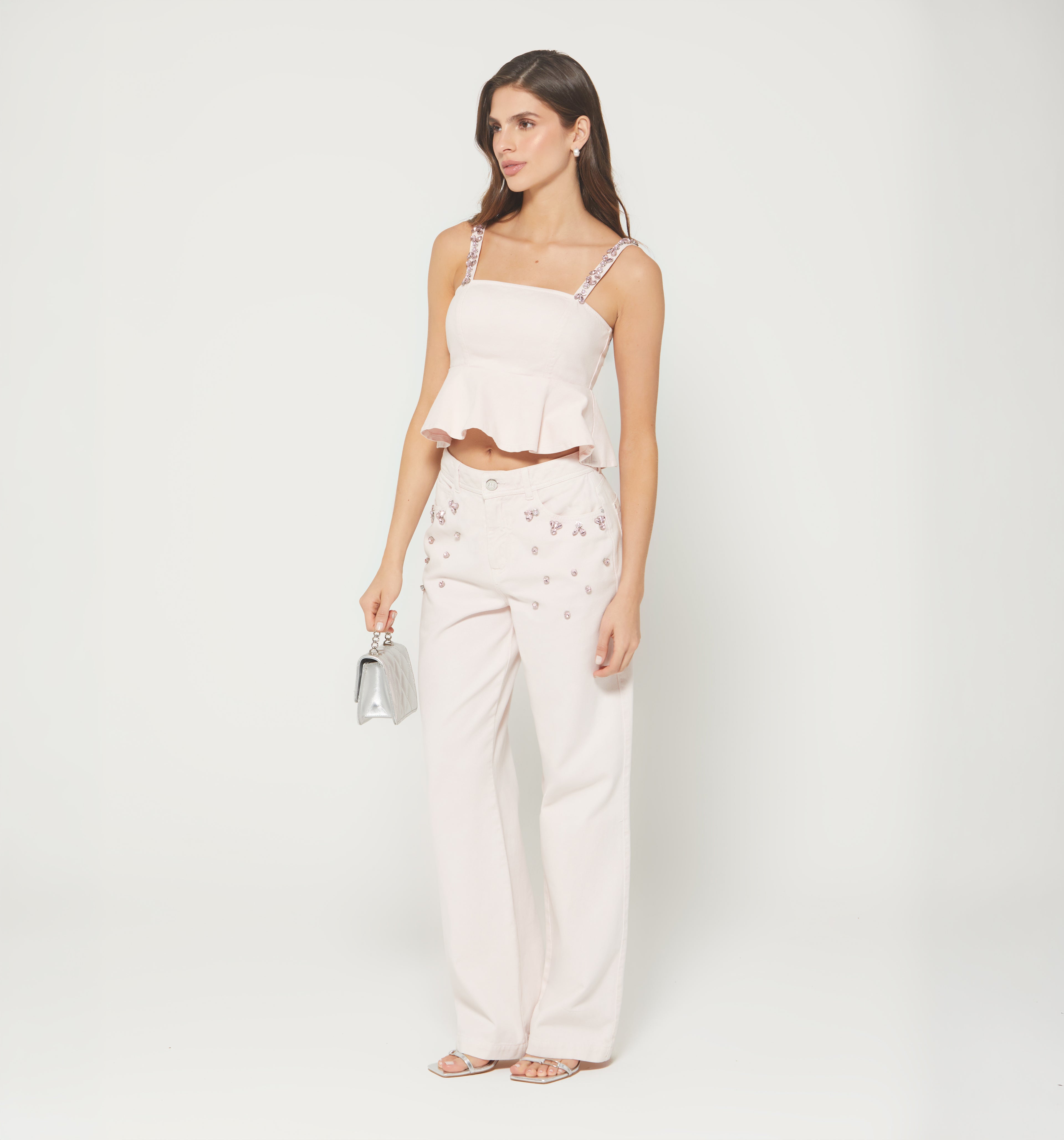 Blusa Crop Peplum De Tiras Con Cristales