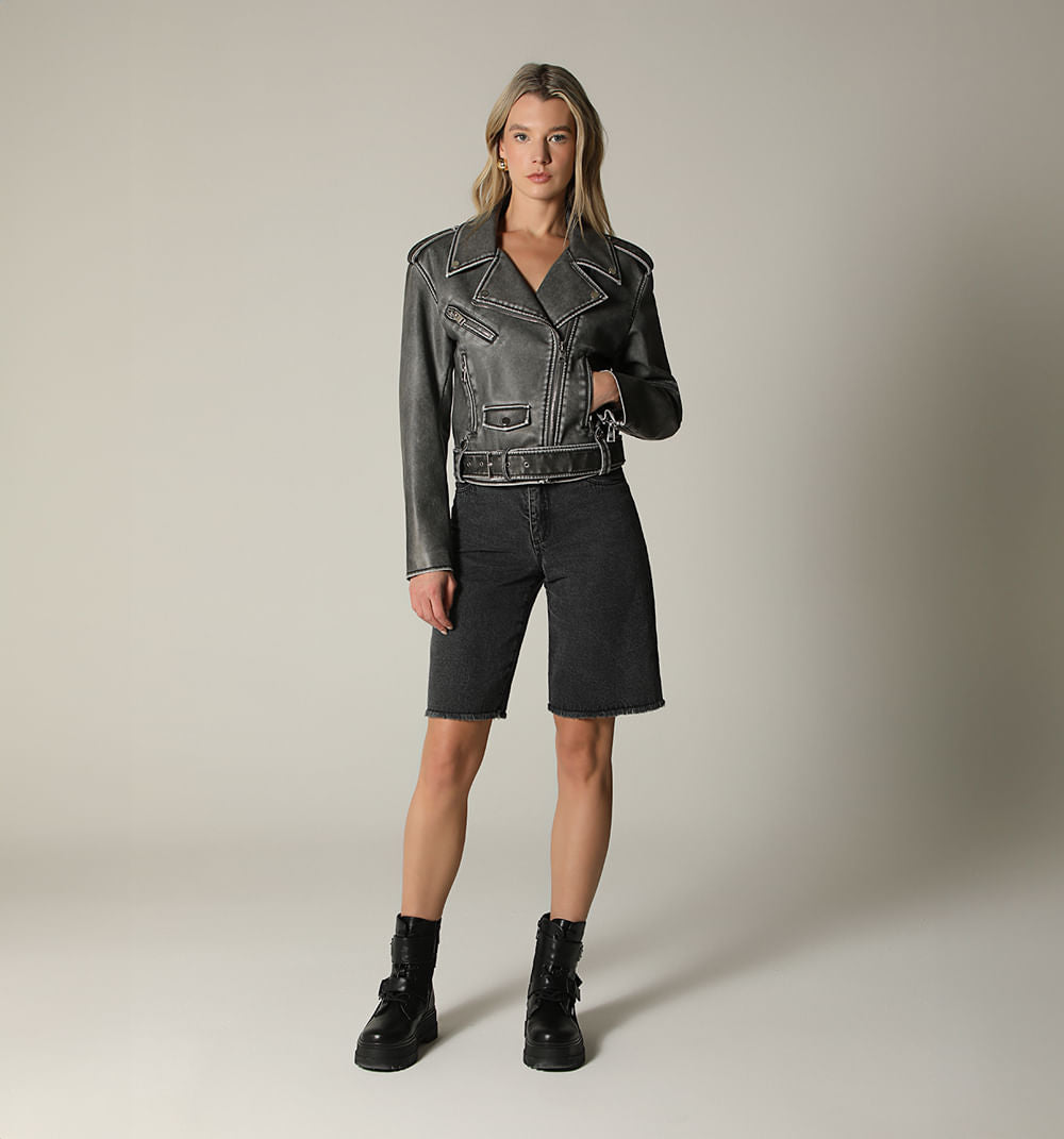 Chamarra Biker Con Cinturon - Gris