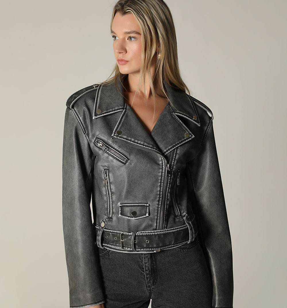 Chamarra Biker Con Cinturon - Gris