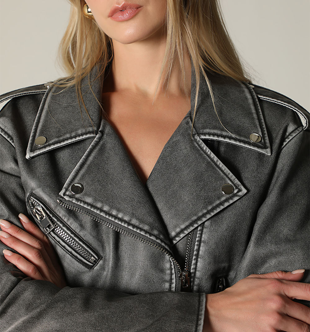Chamarra Biker Con Cinturon - Gris