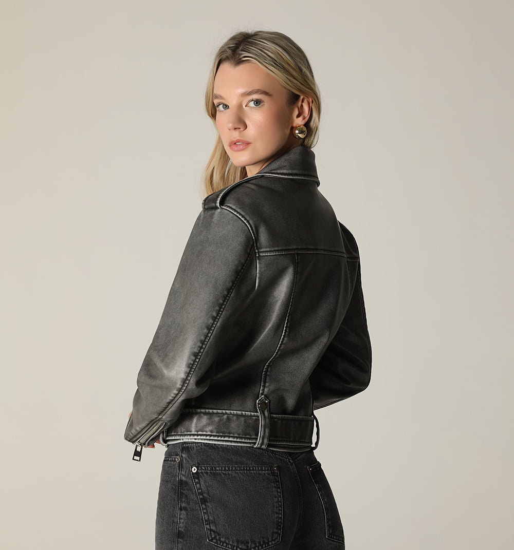 Chamarra Biker Con Cinturon - Gris