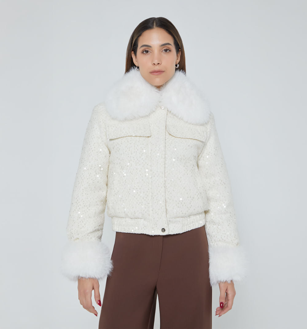 Chamarra Lentejuelas Puño/Cuello Pelos