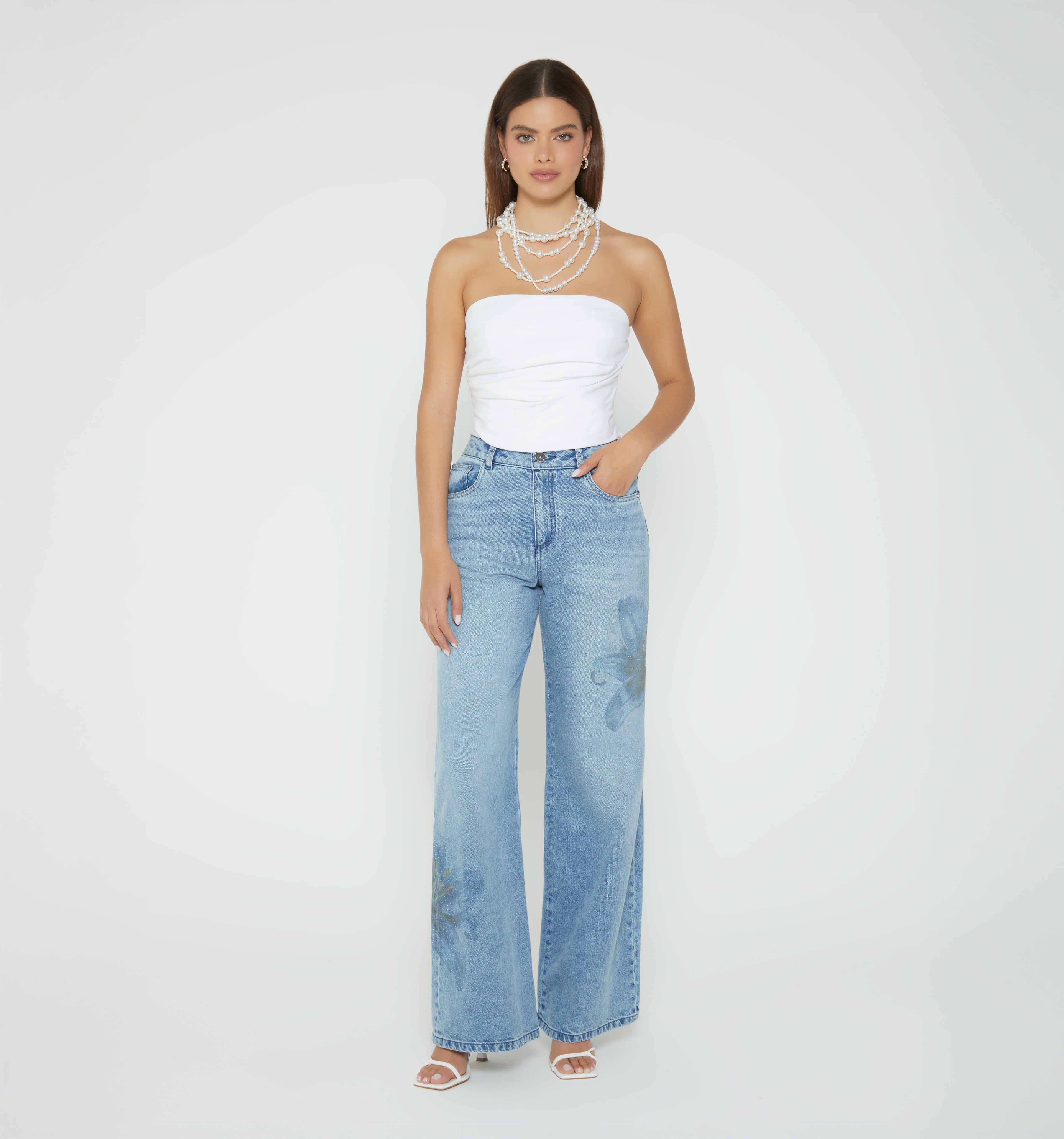 Jean Wide Leg Alto Estampado Y Cristales