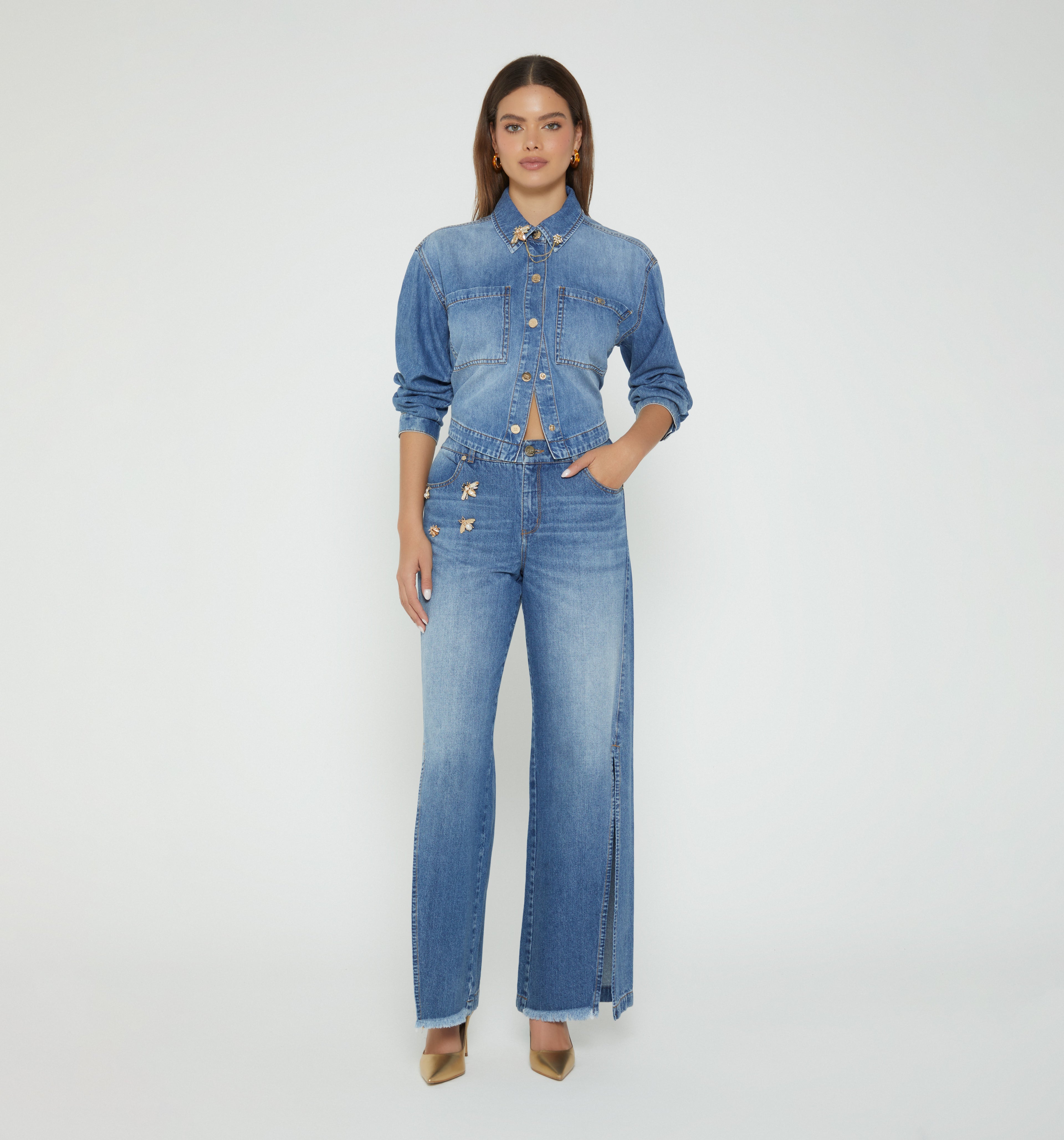 Jean Wide Leg Tiro Medio Bichos