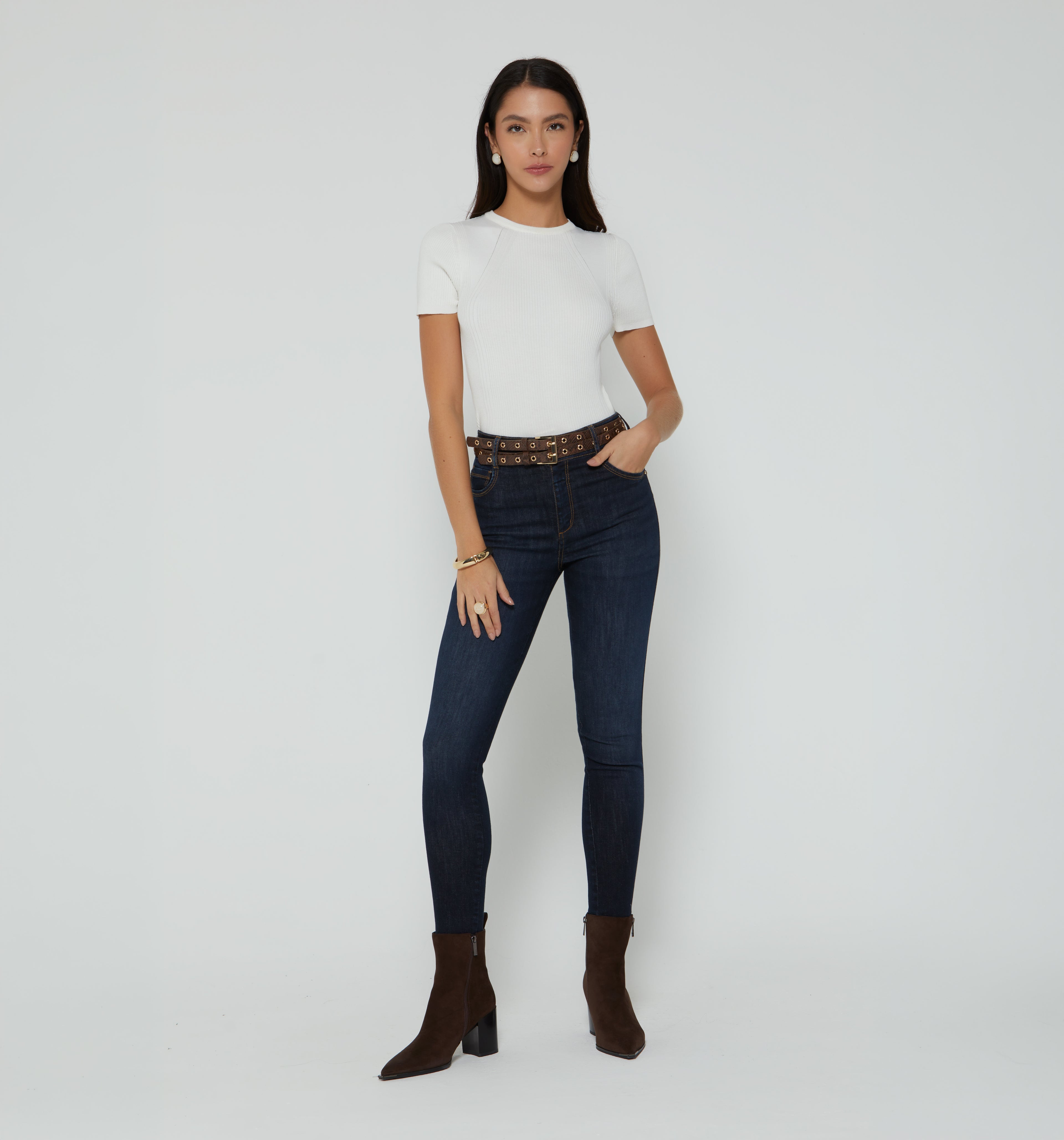 Jean Skinny Alto 5 Bolsillos Correa