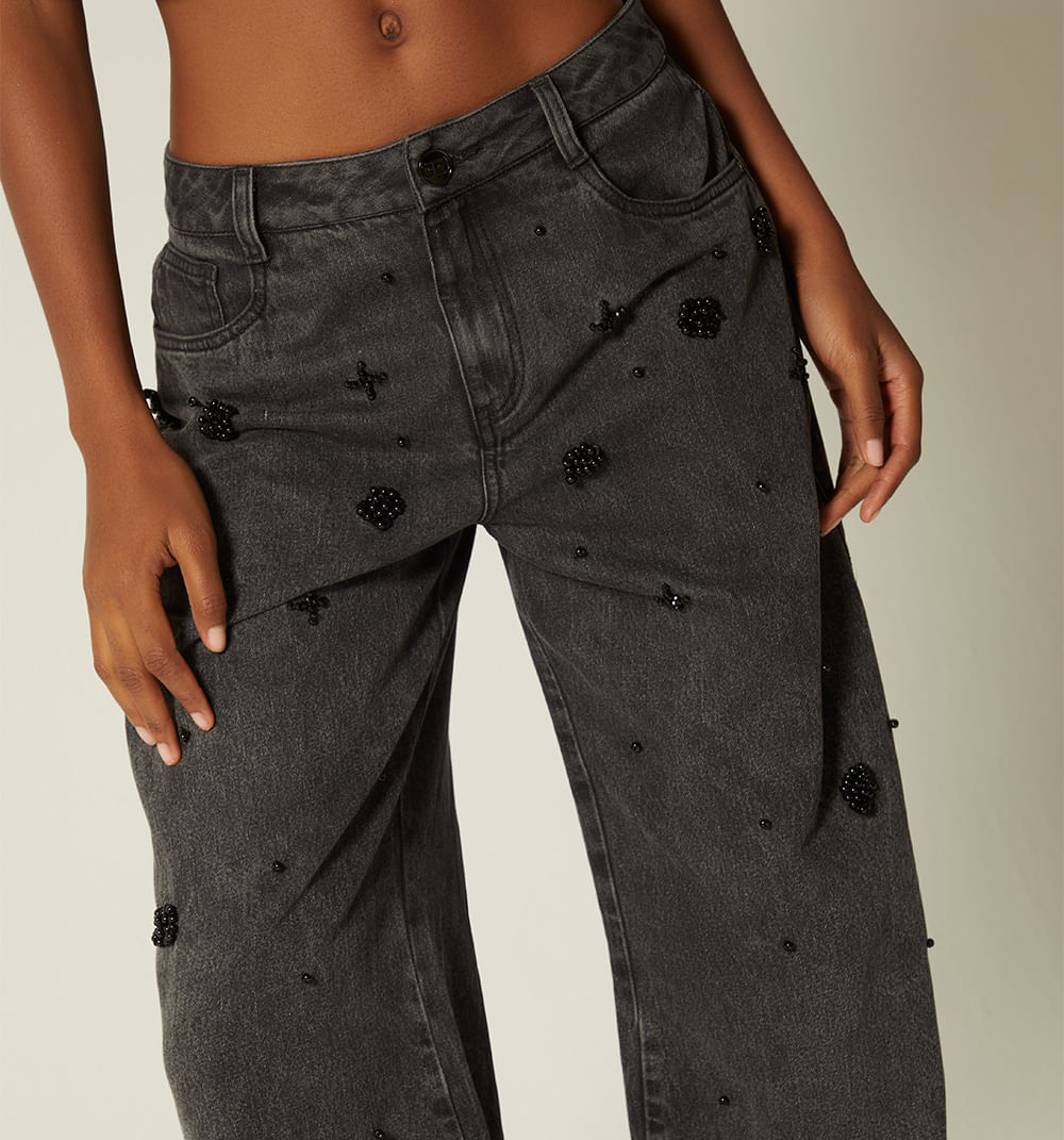 Jean Wide Leg Tiro Alto Perlas Negras
