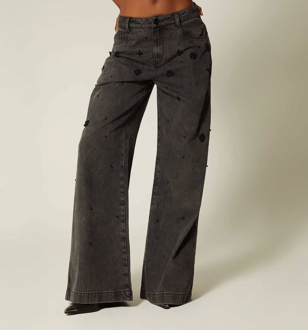 Jean Wide Leg Tiro Alto Perlas Negras