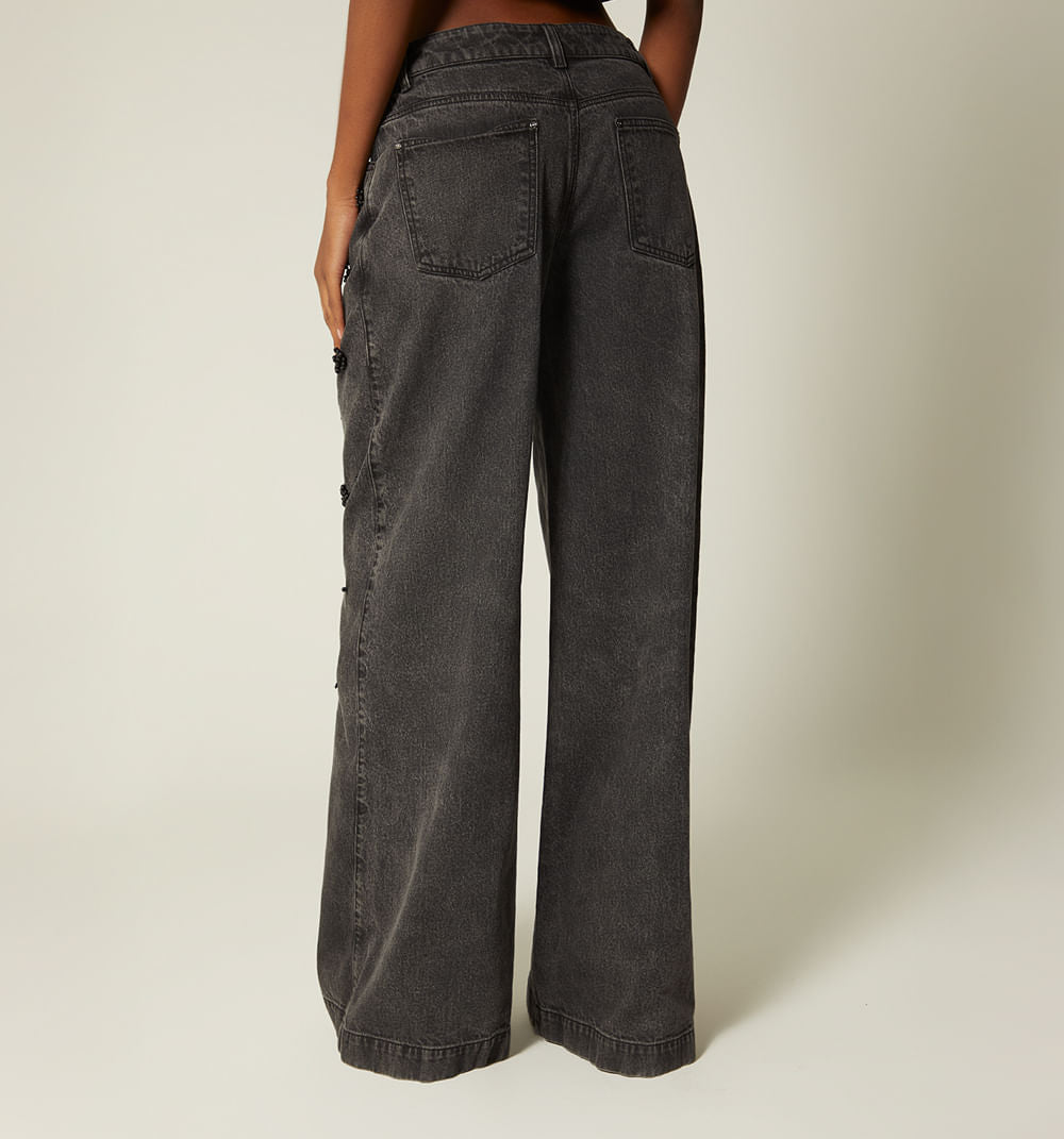 Jean Wide Leg Tiro Alto Perlas Negras