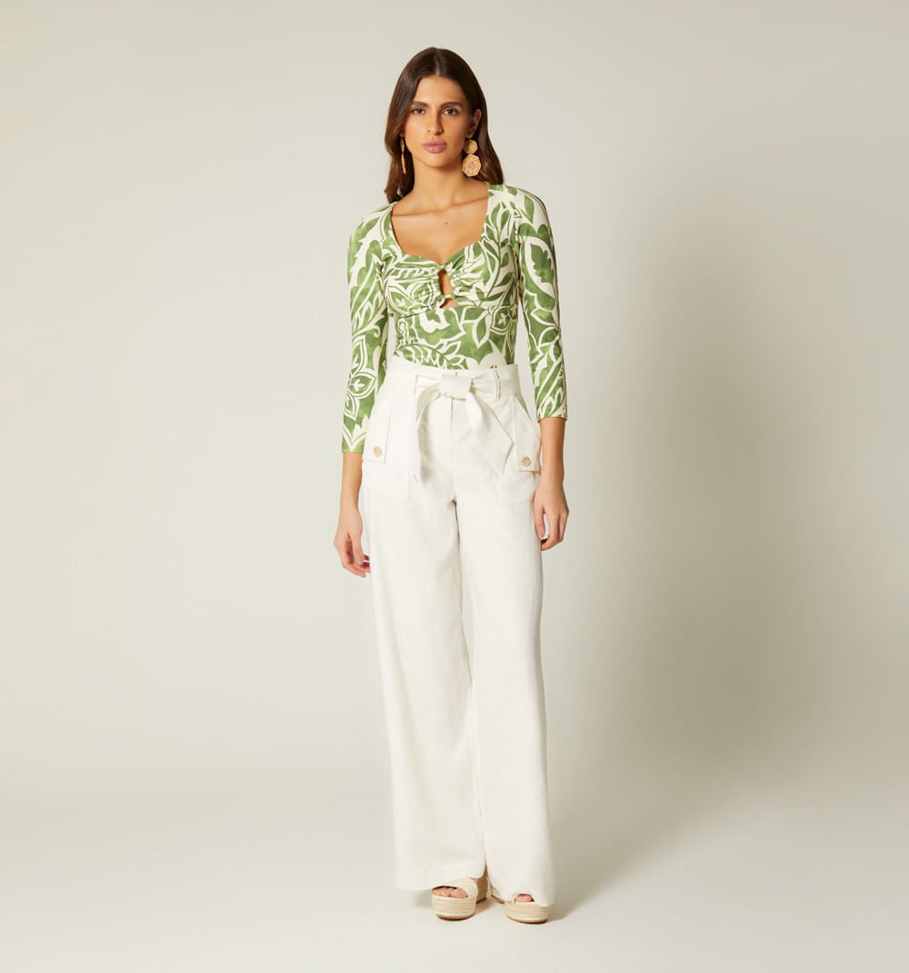 Pantalon Tiro Alto Con Cinturon - Natural