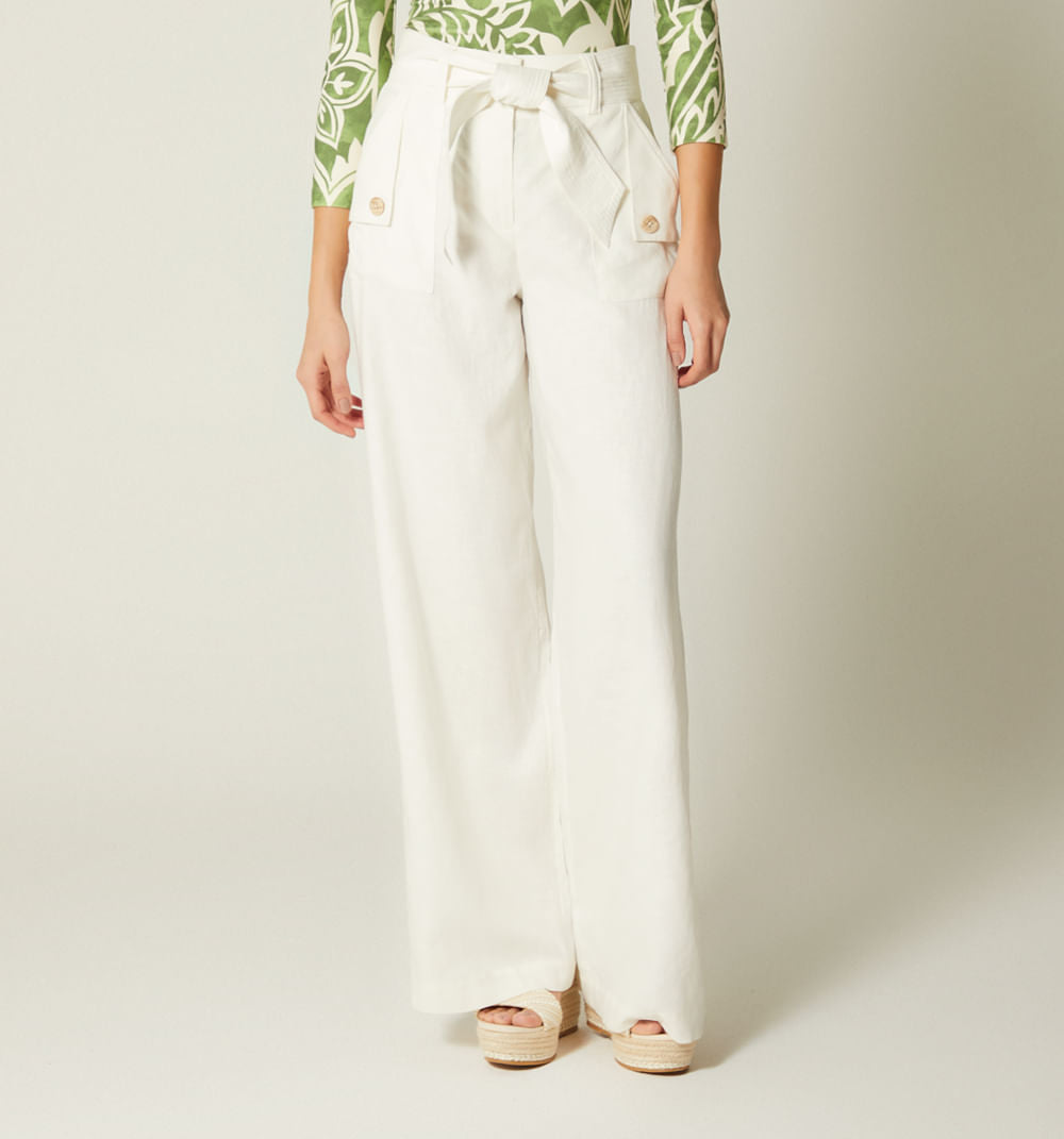 Pantalon Tiro Alto Con Cinturon - Natural