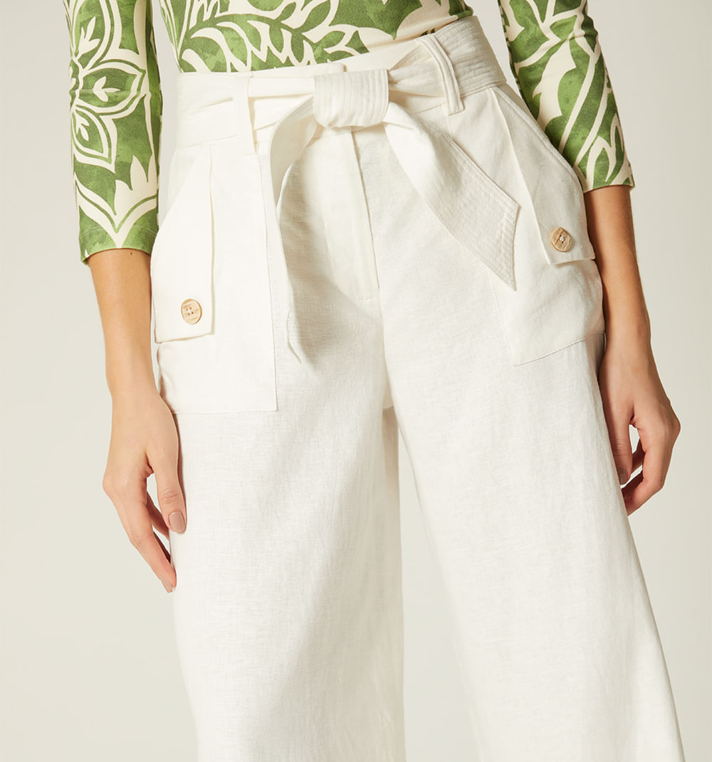 Pantalon Tiro Alto Con Cinturon - Natural