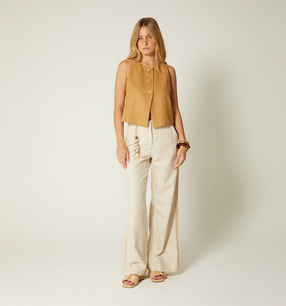 Pantalon Tiro Alto Con Insumo - Beige