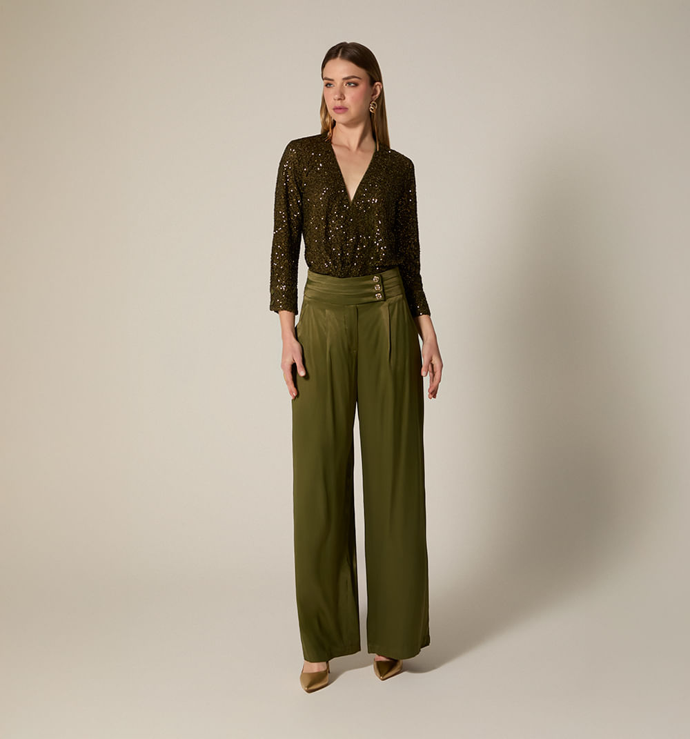 Pantalon Palazo Tiro Alto Pretina Ancha - Militar