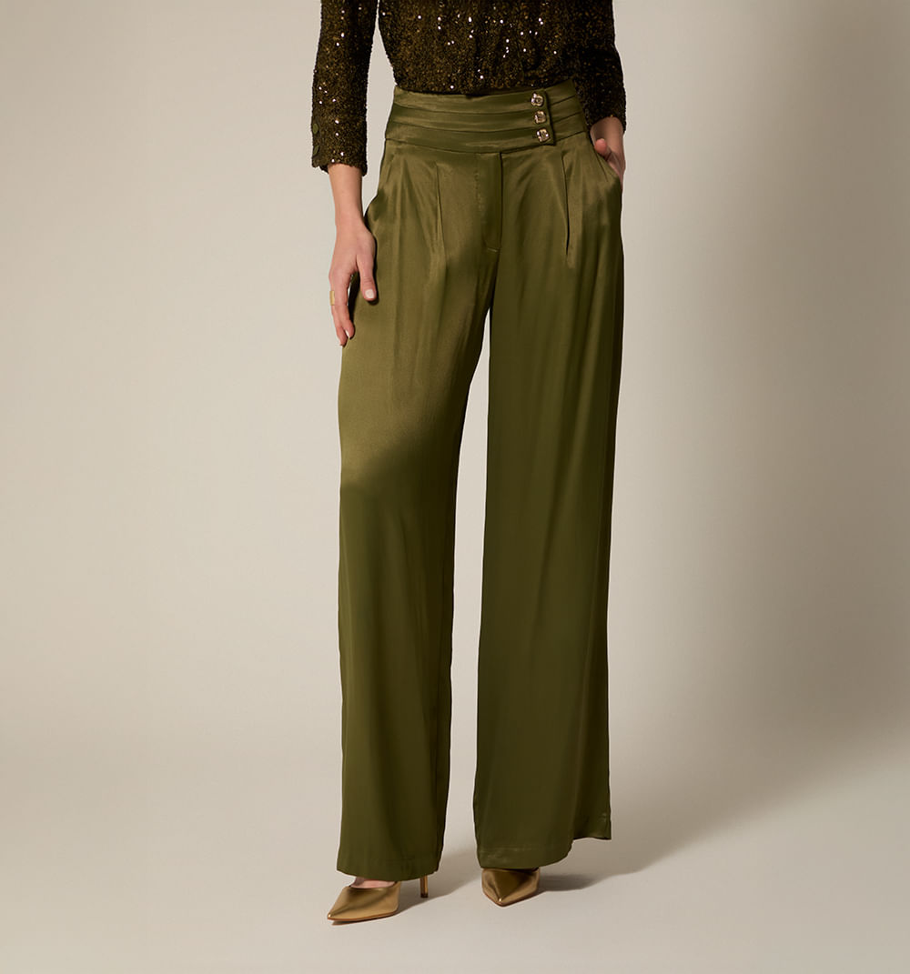 Pantalon Palazo Tiro Alto Pretina Ancha - Militar
