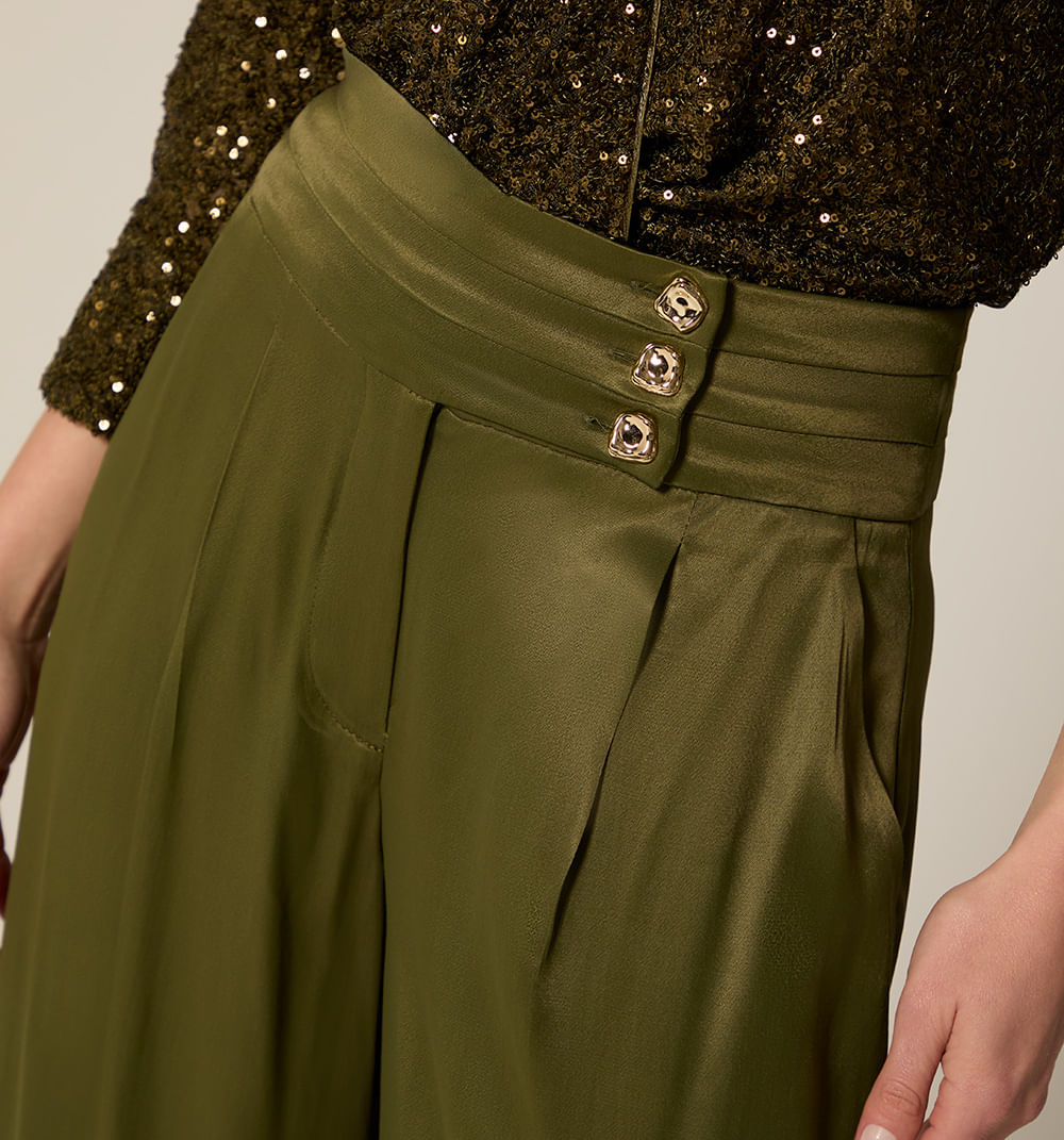 Pantalon Palazo Tiro Alto Pretina Ancha - Militar