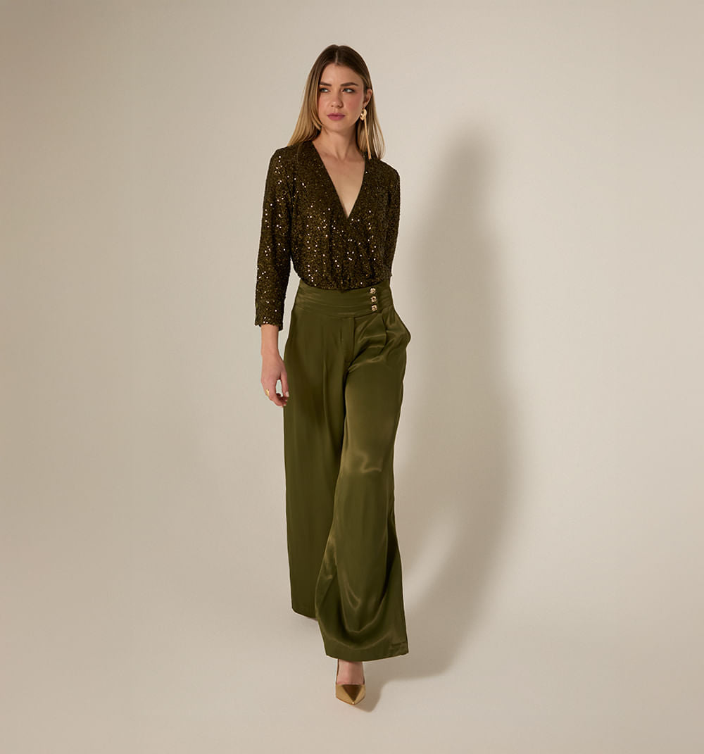 Pantalon Palazo Tiro Alto Pretina Ancha - Militar