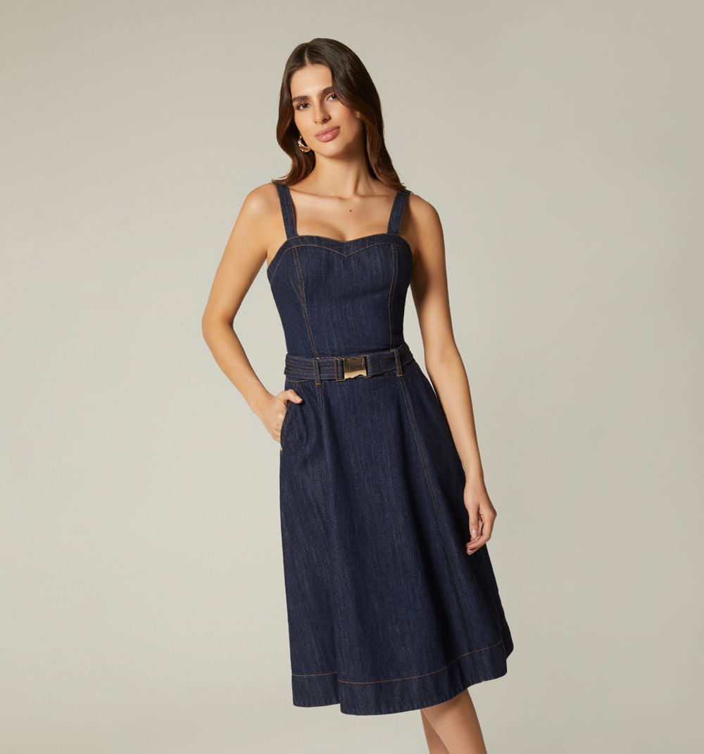 Vestido Tiras Midi Con Cinturon