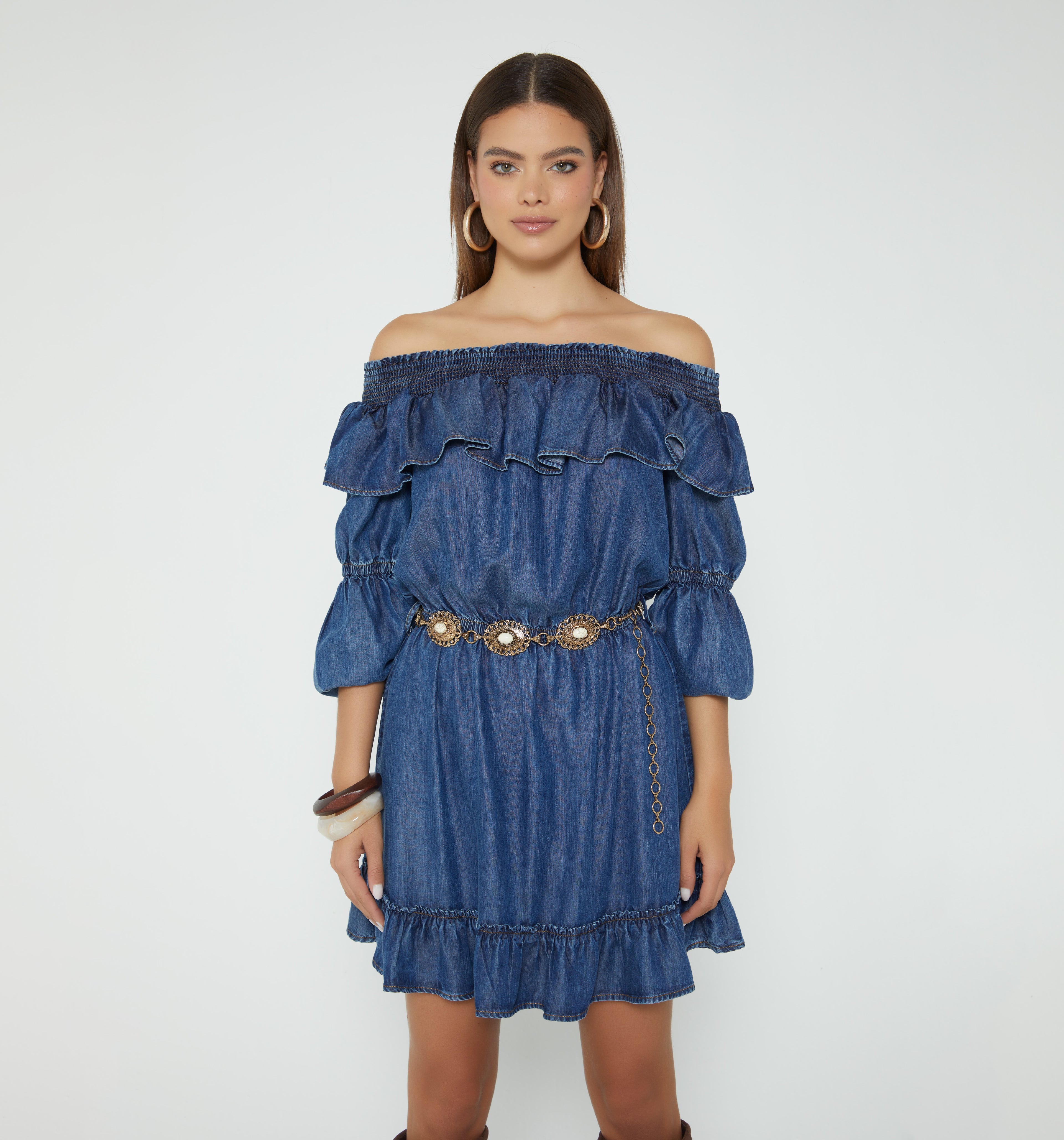 Vestido Escote Bandeja Ruchado Correa