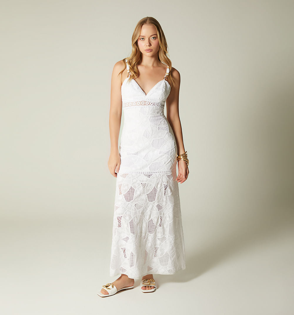 Vestido Largo De Tiras Con Insumos - Blanco