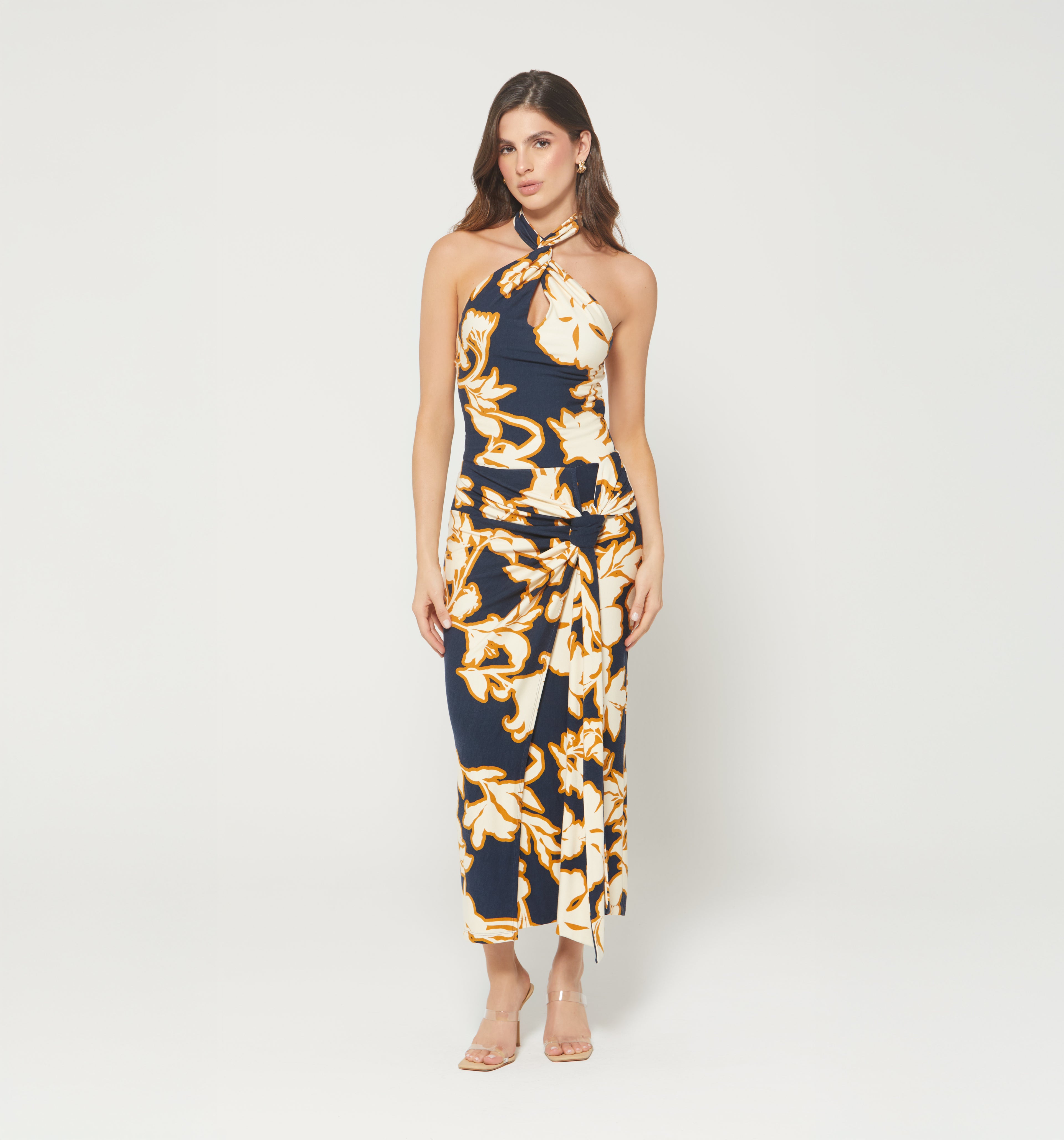 Vestido Largo Halter Con Drapeado