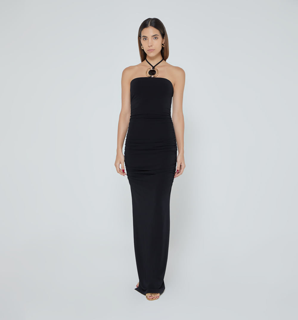 Vestido Largo Drapeado Tira Con Herraje