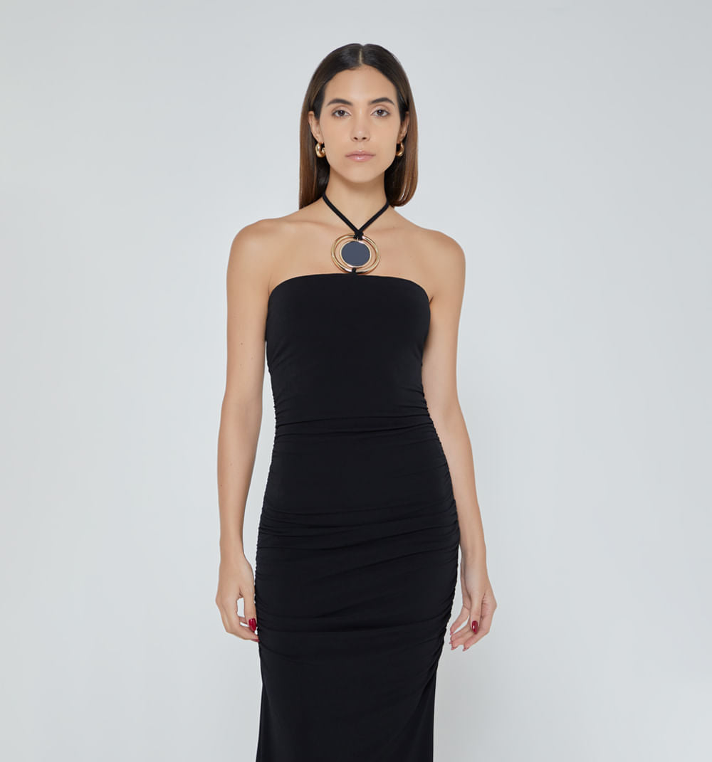 Vestido Largo Drapeado Tira Con Herraje