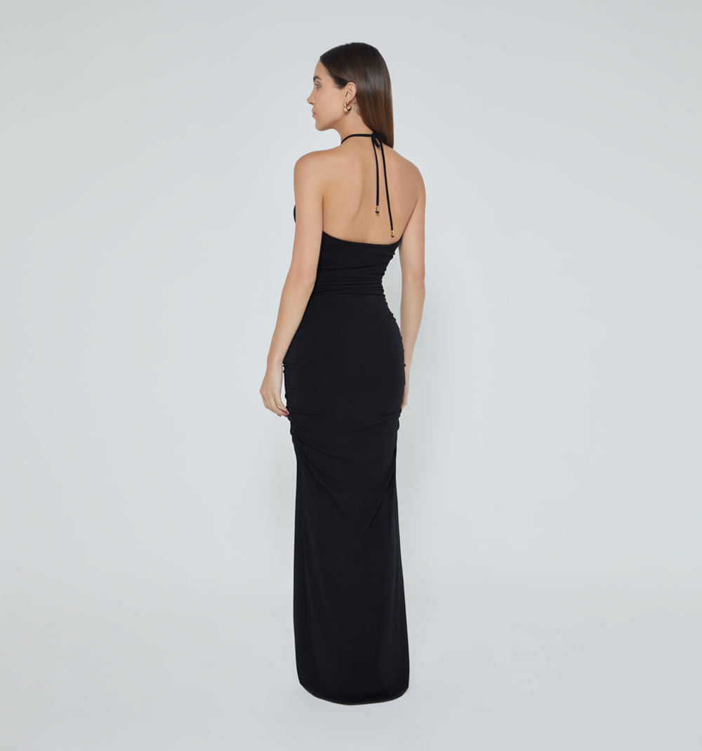 Vestido Largo Drapeado Tira Con Herraje