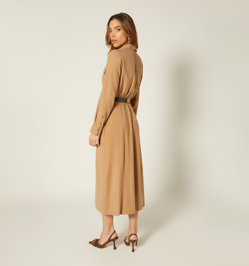 Vestido Midi Manga Larga Con Cinturon
