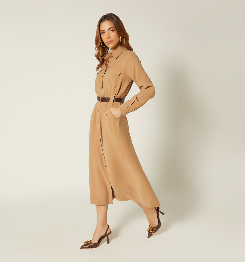 Vestido Midi Manga Larga Con Cinturon