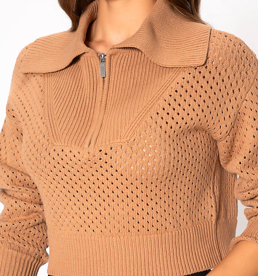 Sueter Tejido Crop Con Cierre Manga Larga