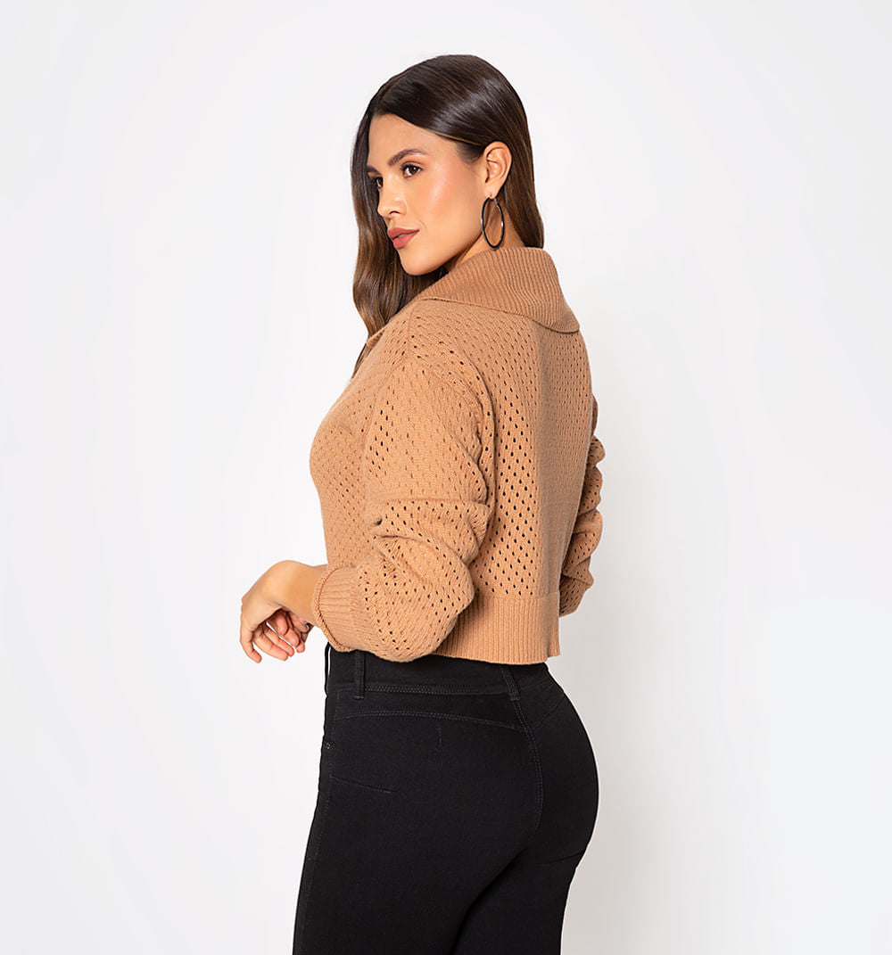 Sueter Tejido Crop Con Cierre Manga Larga