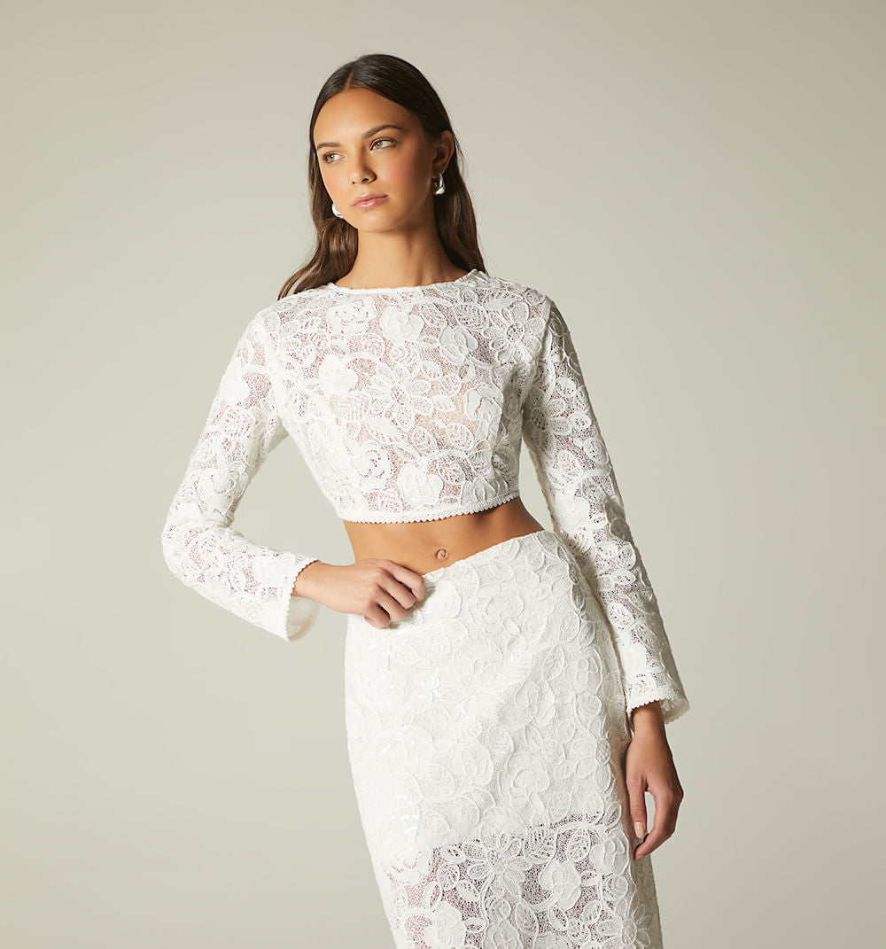 Conjutno De Blusa Crop Manga Larga Con F