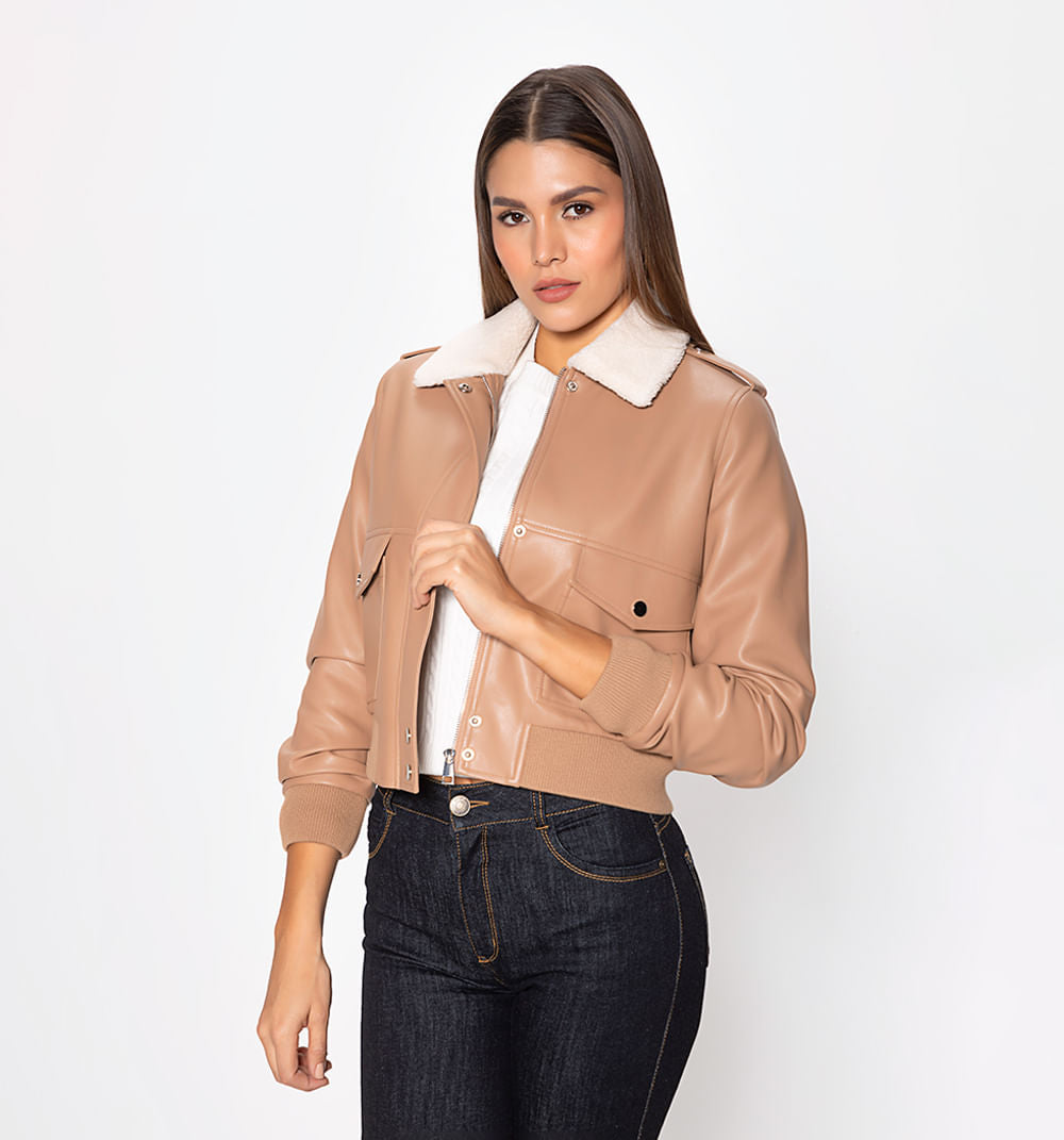 Chamarra Bomber Con Pelo Cuello Y Bolsil
