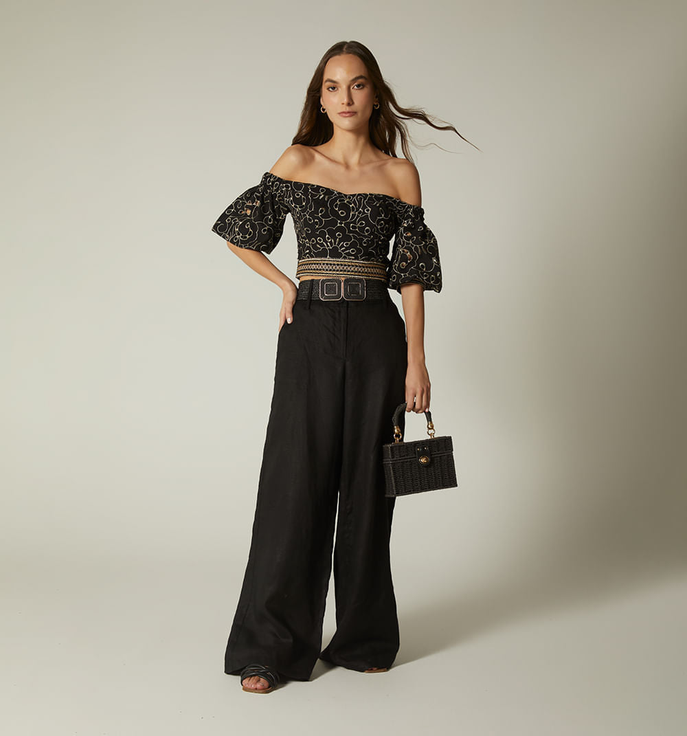 Pantalon Palazo Tiro Alto Pretina Ancha - Negro