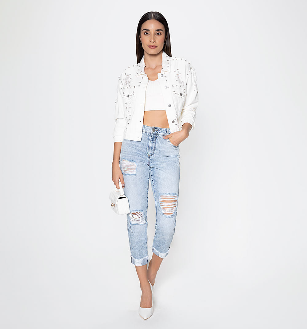 Chamarra En Denim Con Destroyed Y Crista